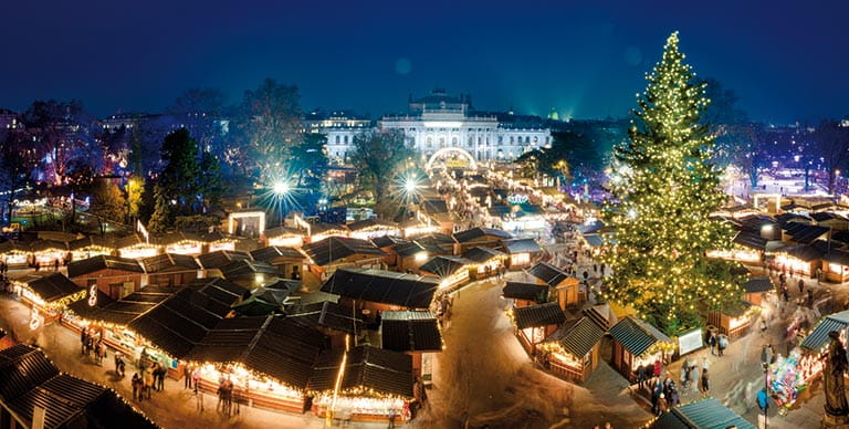 A night time view of Vienna's Christmas Market at Rathausplatz from City Hall